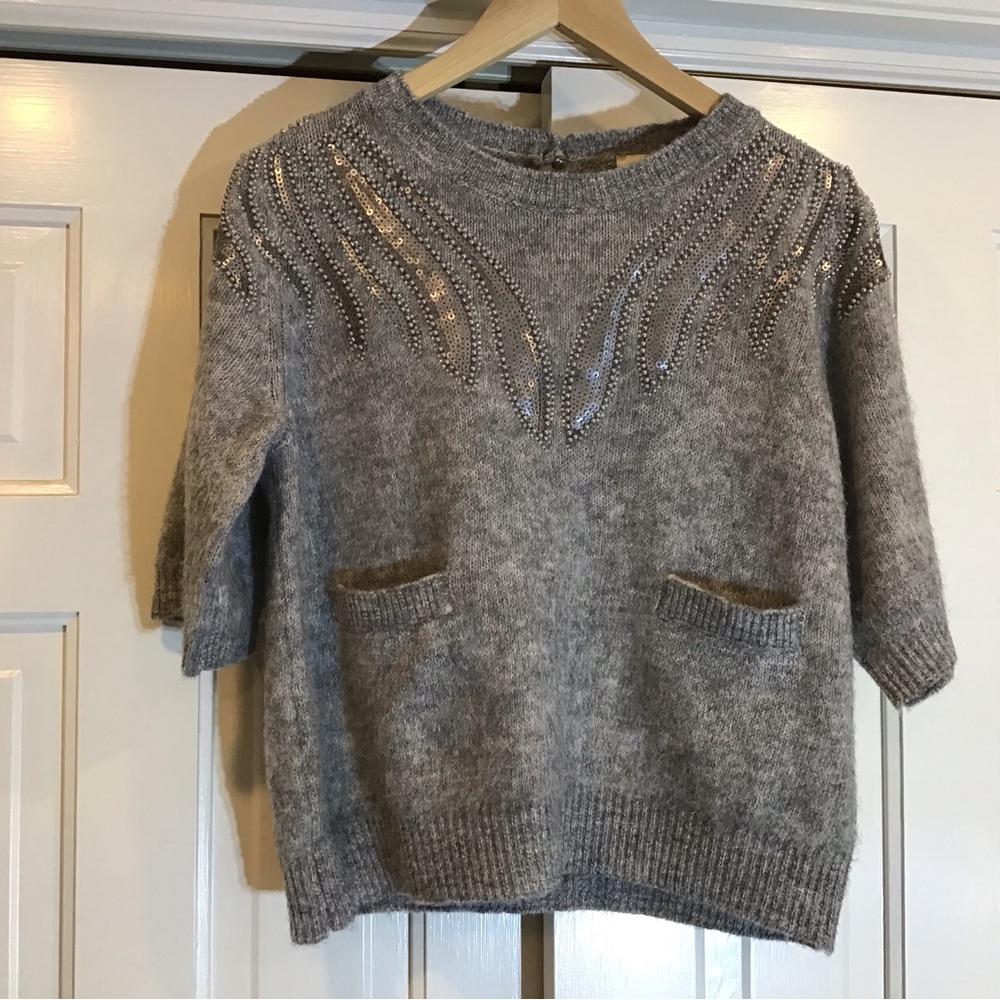Elie Tahari Gray Embellished Wool Soft Short Sleeve Sweater Upscale Luxury Sz L